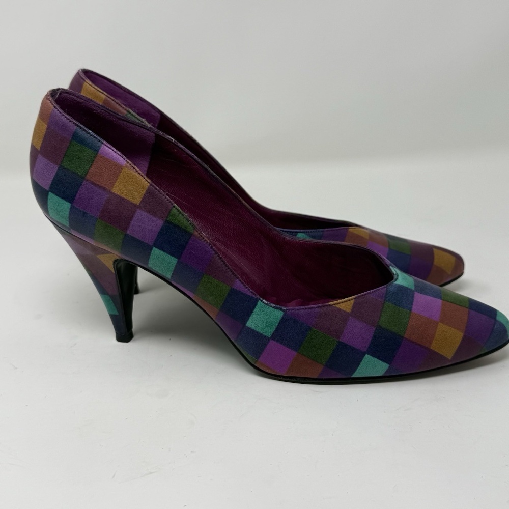 Vintage Stuart Weitzman 80s Bright Multicolor Heels Leather Sz Womens 9 Colorful - Picture 8 of 16